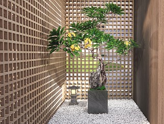 現代新中式風格庭院景觀小品室內旱景觀植物su模型