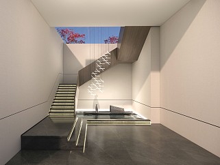 现代新中式风格旋转楼梯景观植物小品室内旱景小船吊灯su模型
