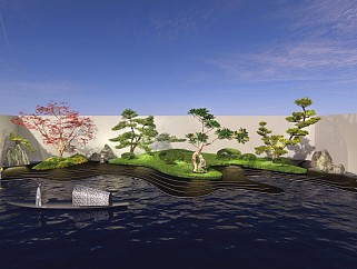现代新中式风格庭院花园景观水景小船植物小品su模型