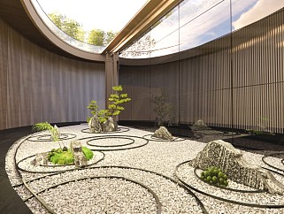 现代新中式风格别墅天井庭院花园室内旱景