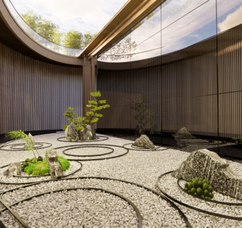 现代新中式风格别墅天井庭院花园室内旱景