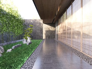 现代新中式风格别墅天井庭院花园su模型