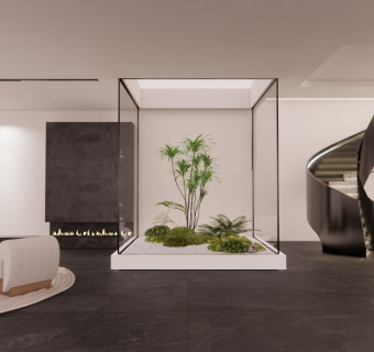 现代新中式风格旋转楼梯室内旱景观小品su模型