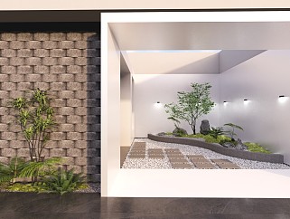 现代新中式风格景观小品室内旱景观植物su模型