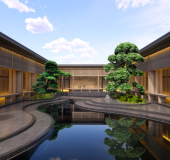 新中式风格会所别墅售楼部景观庭院su模型