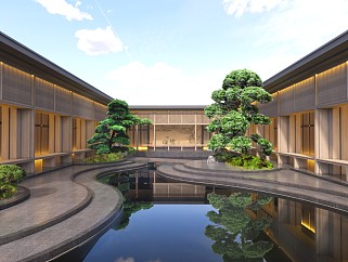 新中式风格会所别墅售楼部景观庭院su模型