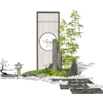 新中式禅意景观小品  假山 石头 隔断  竹子组合 日式石灯 拴马柱 拴马桩 新中式花草植物 石灯 新中式庭院景观小品枯山水石