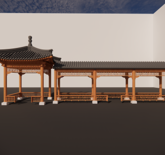 古建长廊 木质长廊 精细长廊 坡屋顶长廊