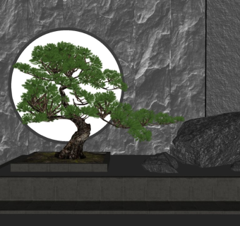 新中式庭院造景假山松树 庭院景观 景观墙  矮松 石头小品 禅意风格庭院