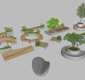 现代景观座椅 异形户外花箱 座椅树池 木制座椅