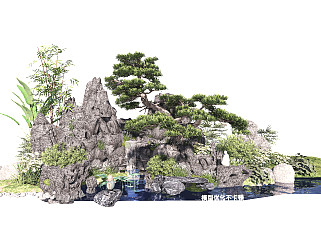 新中式假山石头景观小品水景<em>叠石</em>植物松树SU模型
