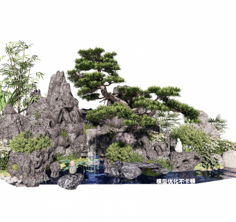 新中式假山石头景观小品水景叠石植物松树SU模型