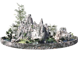 新中式假山石头水景庭院景观小品叠石荷花竹子SU模型