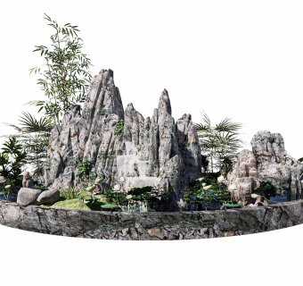 新中式假山石头水景庭院景观小品叠石荷花竹子SU模型