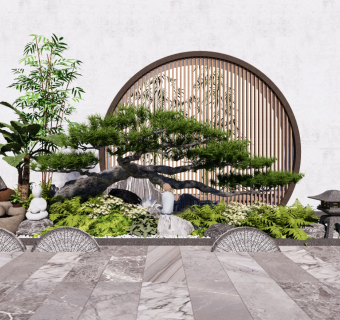 新中式景观小品庭院景观松树石头片石假山su模型