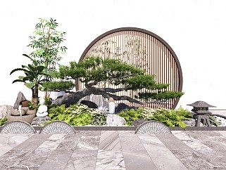 新中式景观小品庭院景观<em>松树</em>石头片石假山su模型
