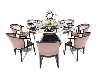 新中式餐桌椅组合餐具椅子景观小品高脚杯碟子SU模型