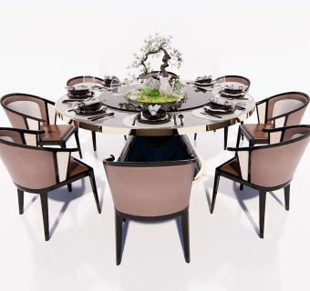 新中式餐桌椅组合餐具椅子景观小品高脚杯碟子SU模型