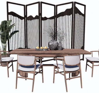 新中式茶几桌椅组合屏风隔断摆件SU模型