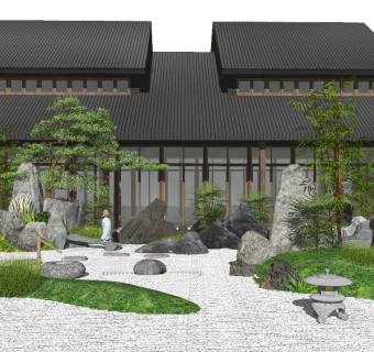 新中式景观小品假山石头枯山水庭院景观水景松树植物SU模型