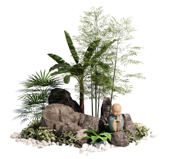 新中式假山石头景观小品竹子植物SU模型