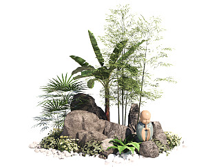 新中式假山<em>石头景观</em>小品竹子植物SU模型