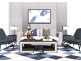 现代沙发茶几组合休闲沙发边几背景墙SU模型