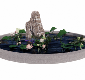 新中式景观小品假山石头荷花植物SU模型
