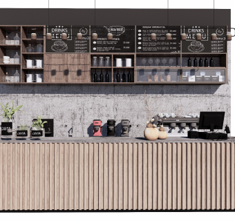 工业风咖啡厅吧台咖啡机收银台操作台奶茶店SU模型