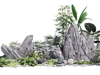 新中式假山<em>叠石</em>庭院景观小品跌水石头植物SU模型