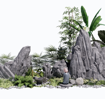 新中式假山叠石庭院景观小品跌水石头植物SU模型
