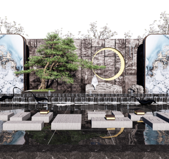 新中式庭院景观小品水景松树景墙跌水雕塑SU模型