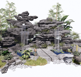 新中式假山叠石景观小品水景石头跌水植物竹子SU模型