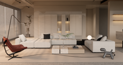 现代休闲极简奶油风客餐厅su模型下载