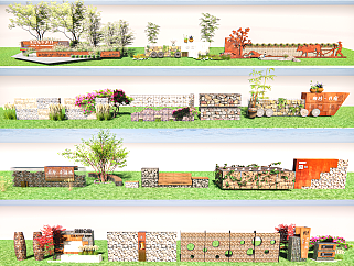 新中式石笼景观墙模型