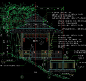 新中式重檐四角木亭及木栏杆台阶挡墙区域做法详图