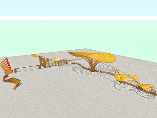 现代异形木饰面广场廊架模型