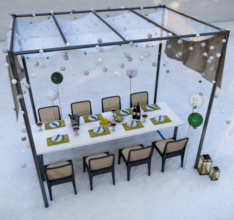 现代户外餐桌椅组合 藤编休闲椅 户外露营桌椅组合 星星灯 露天天幕