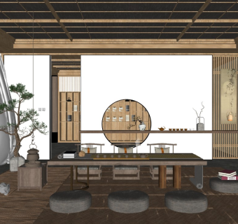 中式书房茶室su模型