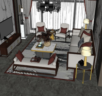 新中式客厅SU模型