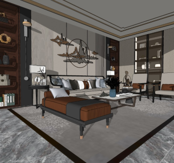 新中式轻奢客厅SU模型