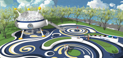 现代儿童游乐区 儿童娱乐设施 儿童活动区 景墙 大型滑梯 飞船