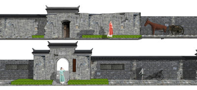 中式残墙古墙景墙围墙 门头 木门 黄包车 马车