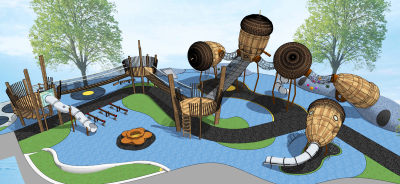 现代儿童松果主题游乐区 活动区乐园 滑梯 空中步道 摇摇车 跷跷板