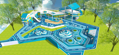 现代海洋主题儿童游乐区 活动区乐园 滑梯 摇摇车 景墙