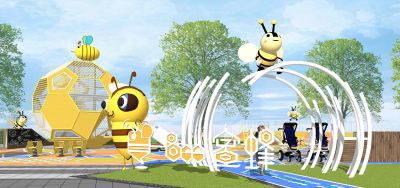 现代蜜蜂主题儿童游乐区 活动区乐园 滑梯 景墙 摇摇车