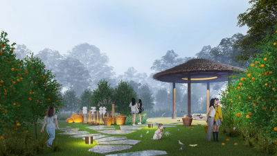 新中式菜园 橘林 农业采摘园 logo景墙 亭子