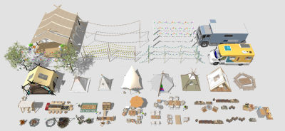 现代户外露营设施 帐篷营地 房车营地 张拉膜 餐座椅 太阳椅 篝火 烤炉 氛围灯