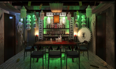 新中式密室逃脱 恐怖剧本杀 灵堂鬼屋 义庄房间 牌位骷髅蜡烛