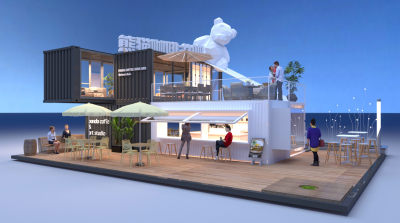 现代熊猫主题集装箱餐饮建筑 酒吧 奶茶店 咖啡厅 售卖亭 店铺铺面